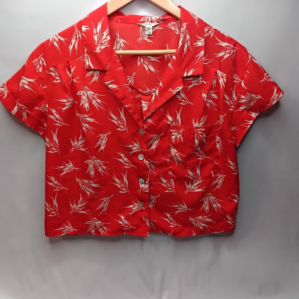 I Love H81 Button Down Cropped Shirt Orange Women’s Size L White Leaf Print